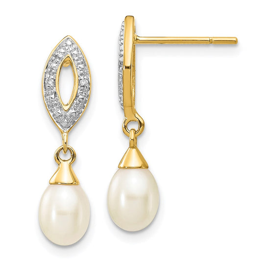 14k Yellow Gold 7x5mm White Teardrop FWC Pearl .01ct Real Diamond Dangle Earrings