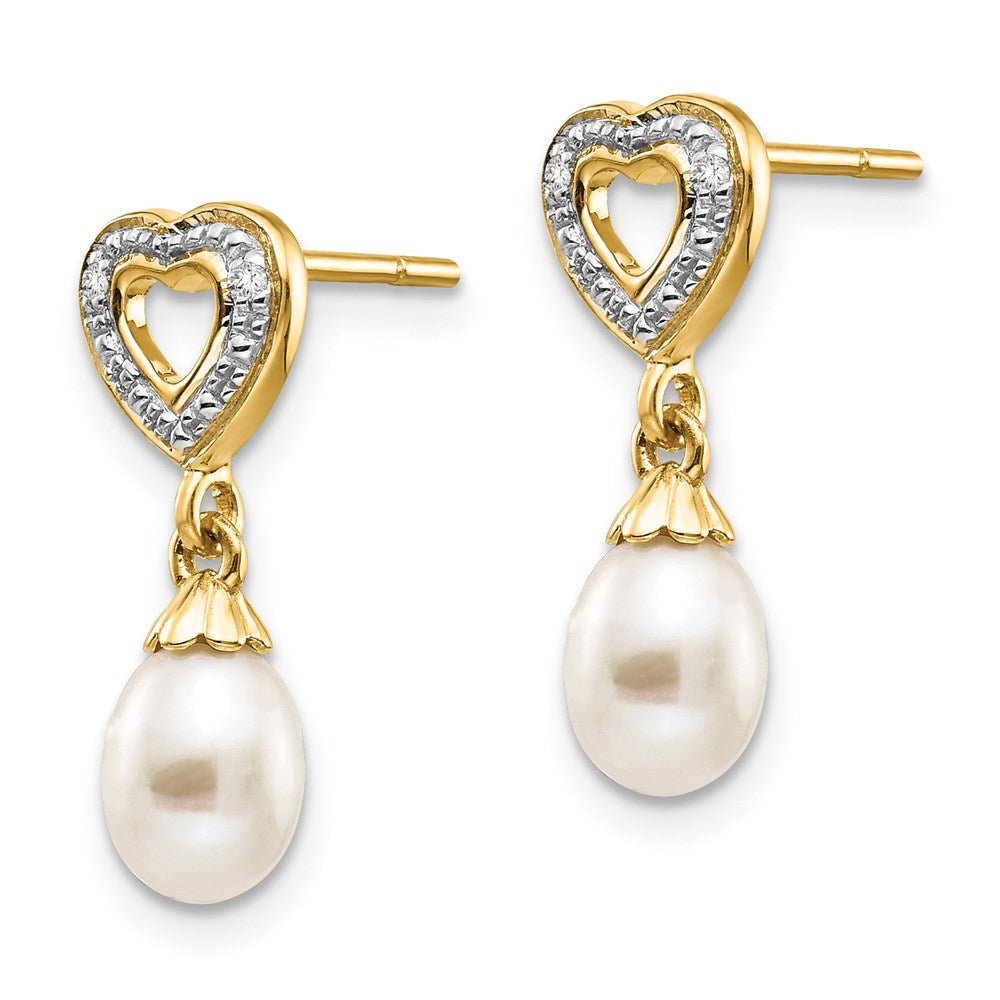 14k Yellow Gold 7x5mm Teardrop FWC Pearl .01ct Heart Real Diamond Dangle Earrings