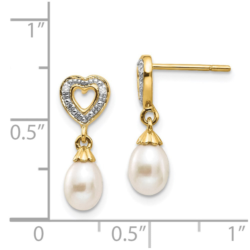 14k Yellow Gold 7x5mm Teardrop FWC Pearl .01ct Heart Real Diamond Dangle Earrings