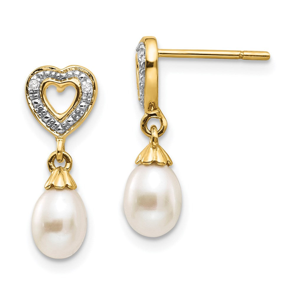 14k Yellow Gold 7x5mm Teardrop FWC Pearl .01ct Heart Real Diamond Dangle Earrings