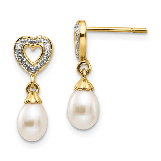 14k Yellow Gold 7x5mm Teardrop FWC Pearl .01ct Heart Real Diamond Dangle Earrings