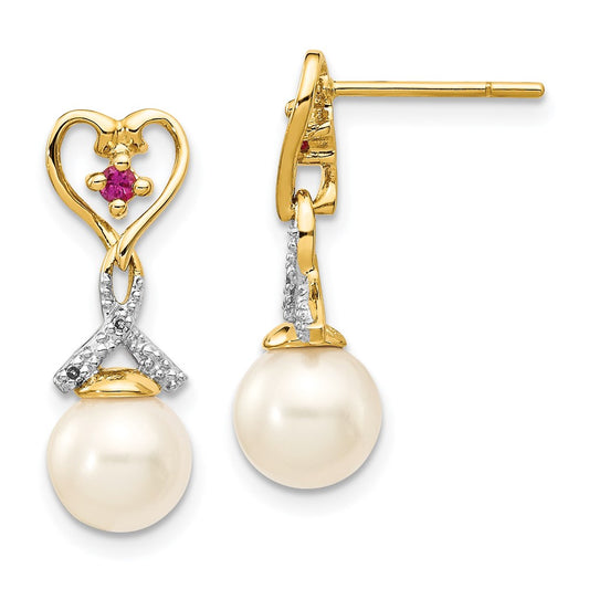 14k Yellow Gold 7-8mm FWC Pearl Created Ruby Real Diamond Heart Dangle Earrings