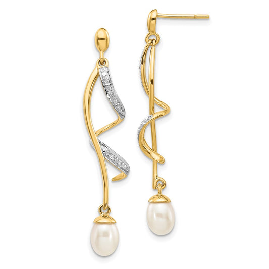 14k Yellow Gold 7x5mm White Teardrop FWC Pearl .01ct Real Diamond Dangle Earrings