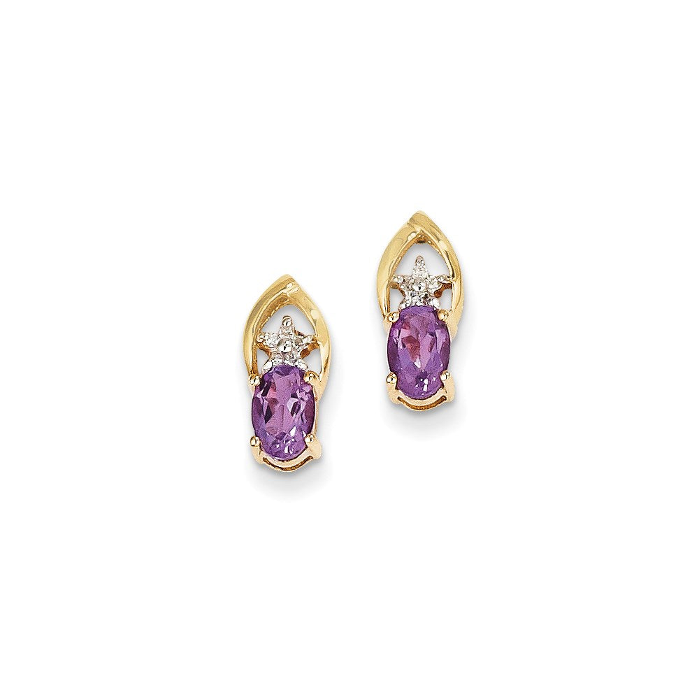 14k Yellow Gold Real Diamond & Amethyst Oval Post Earrings