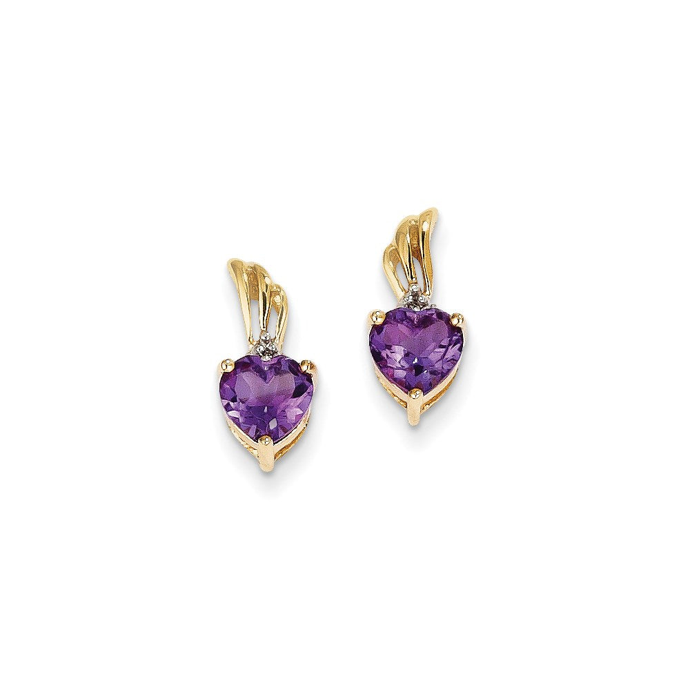 14k Yellow Gold Real Diamond & Amethyst Heart Post Earrings