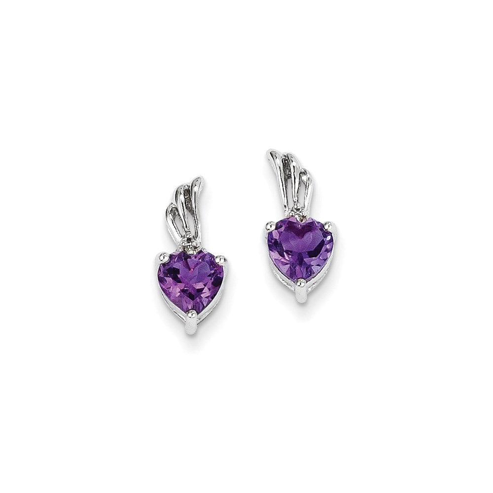 14K White Gold Real Diamond and Amethyst Heart Post Earrings