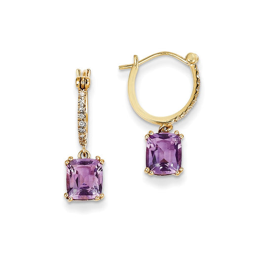 14k Yellow Gold Real Diamond & Amethyst Dangle Hoop Earrings