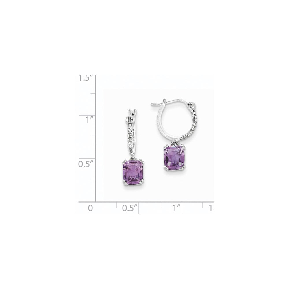 14k White Gold Real Diamond and Amethyst Dangle Hoop Earrings