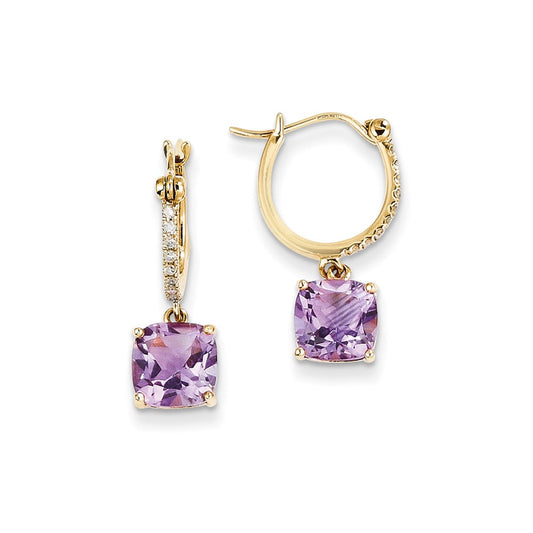 14k Yellow Gold Real Diamond & Amethyst Dangle Hoop Earrings