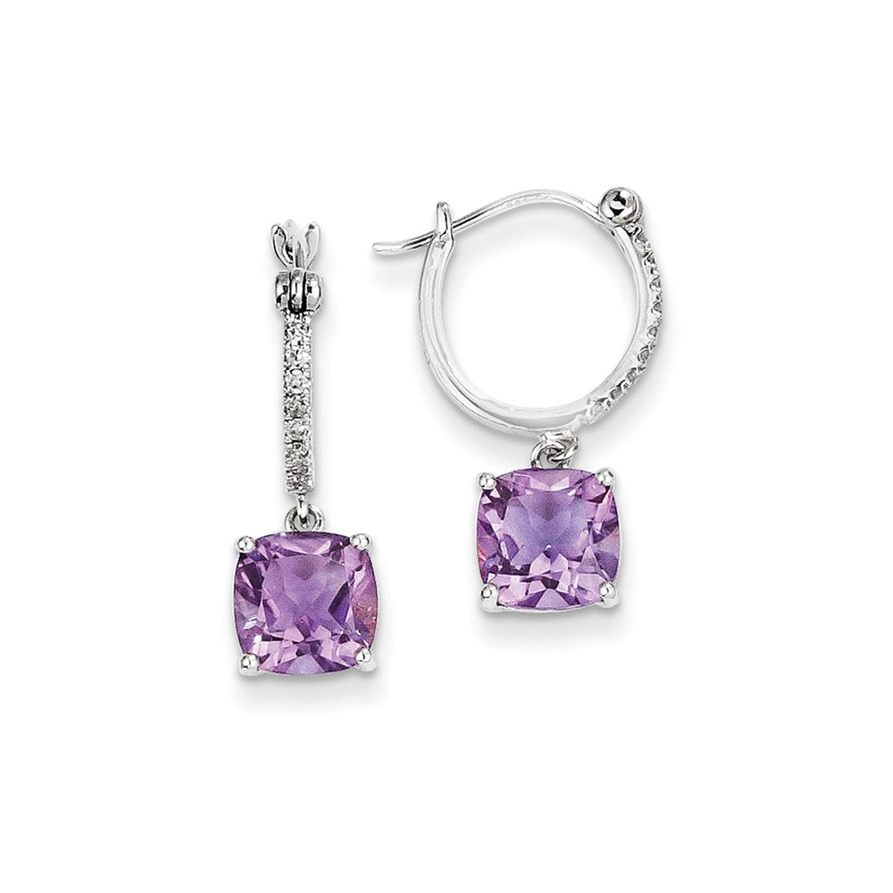 14k White Gold Real Diamond and Amethyst Dangle Hoop Earrings