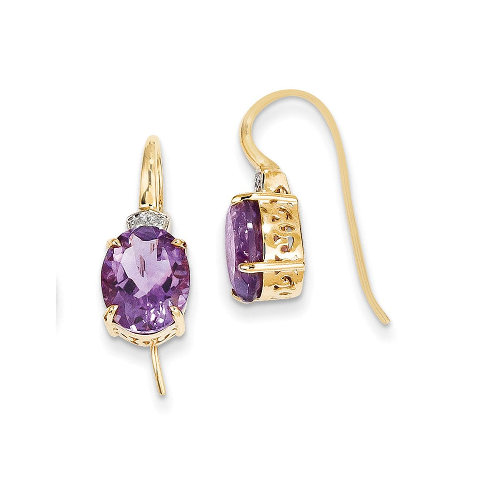 14k Yellow Gold Real Diamond & Amethyst Oval Dangle Earrings