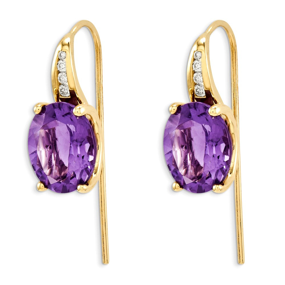 14k Yellow Gold Real Diamond & Amethyst Oval Dangle Earrings