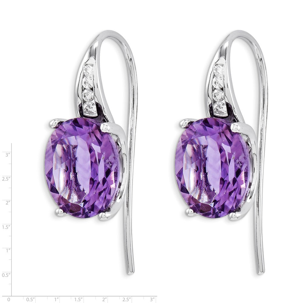 14k White Gold Real Diamond and Amethyst Oval Dangle Earrings