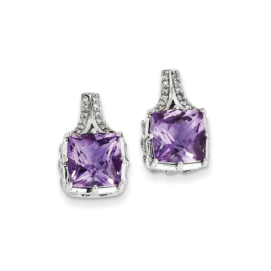 14k White Gold Real Diamond and Amethyst Square Post Earrings