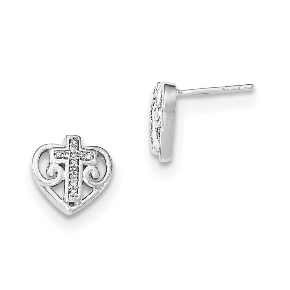 14k White Gold Real Diamond Heart w/Cross Post Earring