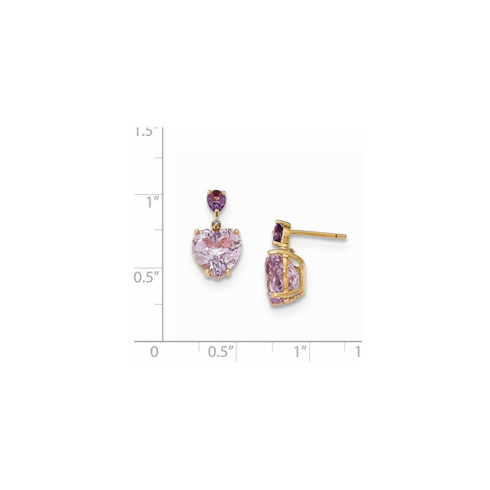 14k Yellow Gold Pink Quartz & Amethyst and Real Diamond Post Dangle Earrings