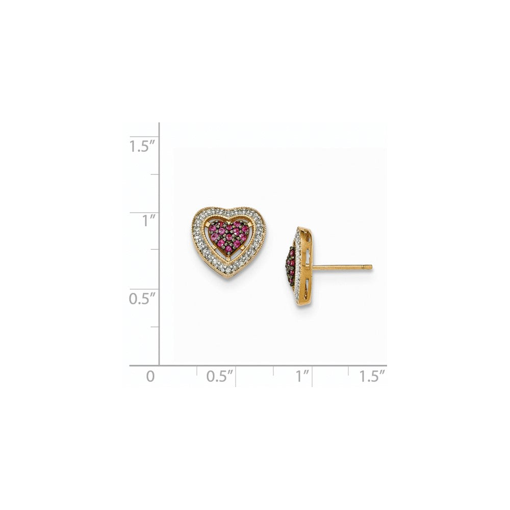 14k Yellow Gold Polished Real Diamond & Ruby Heart Post Earrings