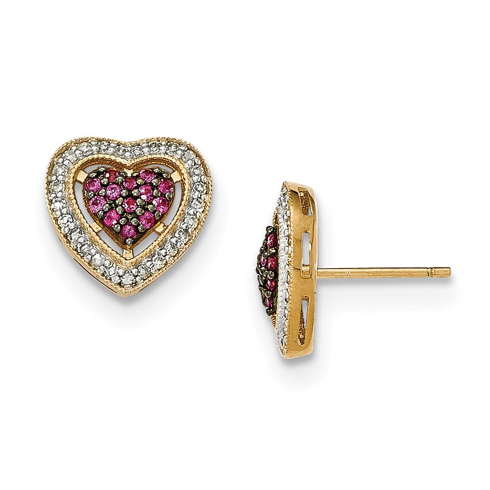 14k Yellow Gold Polished Real Diamond & Ruby Heart Post Earrings