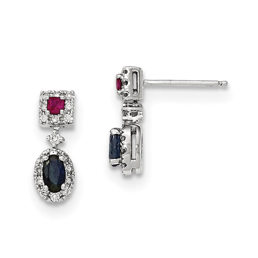 14k White Gold Diamond Sapphire & Ruby Earrings