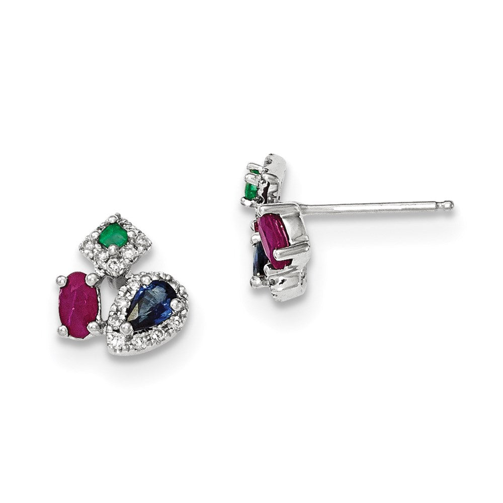 14k White Gold Diamond Sapphire Emerald & Ruby Earrings