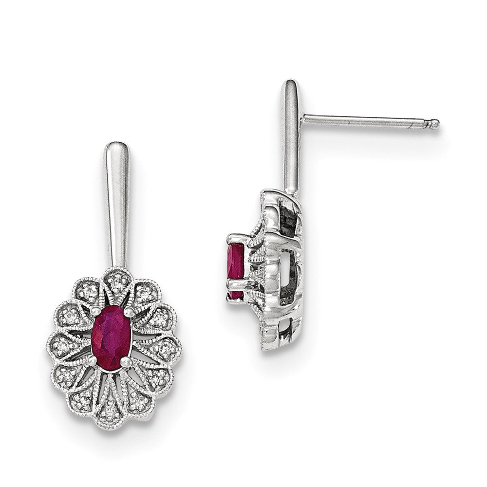 14k White Gold Real Diamond and Ruby Post Dangle Earrings