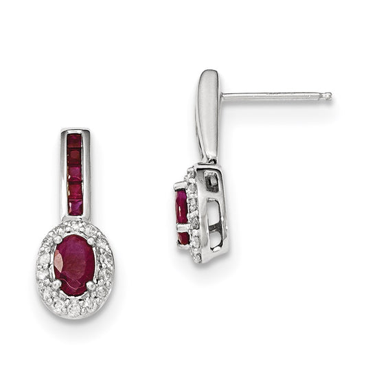 14k White Gold Real Diamond and Ruby w/Halo Post Dangle Earrings