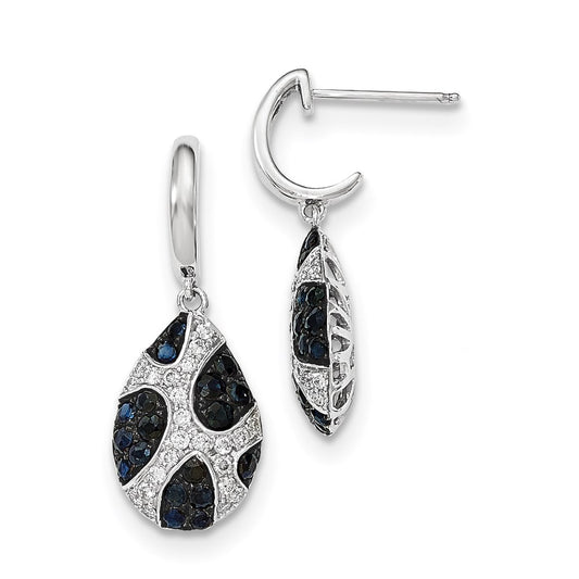 14k White Gold Real Diamond and Sapphire Teardrop Post Dangle Earrings