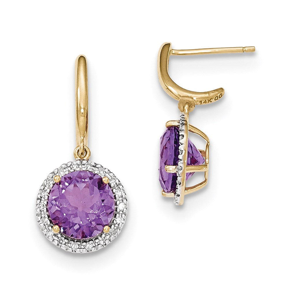 14k Yellow Gold Amethyst w/Real Diamond Halo Post Dangle Earrings