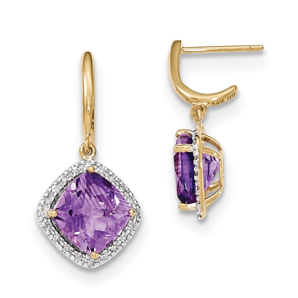 14k Yellow Gold Amethyst w/Real Diamond Halo Post Dangle Earrings