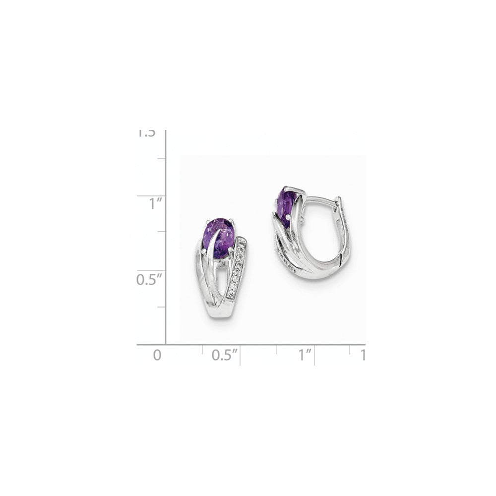 14K White Gold Real Diamond & Amethyst Hinged Hoop Earrings