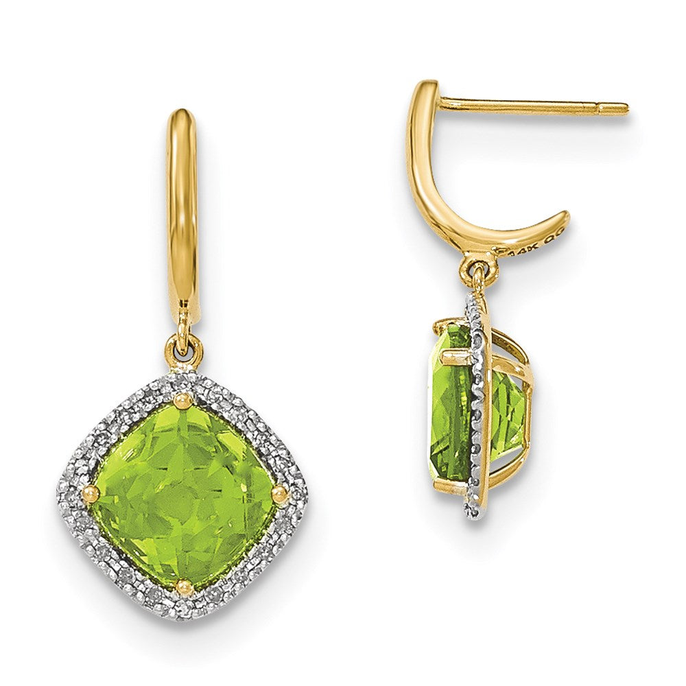 14k Yellow Gold Peridot w/Real Diamond Halo Post Dangle Earrings