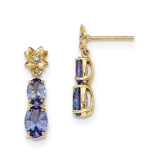 14k Yellow Gold Tanzanite and Diamond Post Dangle Earrings