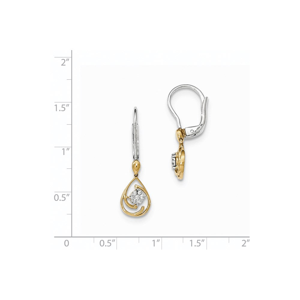 14k Yellow Gold Two-tone Real Diamond Teardrop Dangle Leverback Earrings