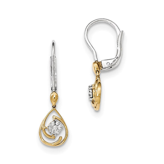 14k Yellow Gold Two-tone Real Diamond Teardrop Dangle Leverback Earrings