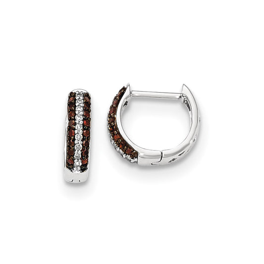 14k White Gold Red Cognac and White Real Diamond Hinged Hoop Earrings