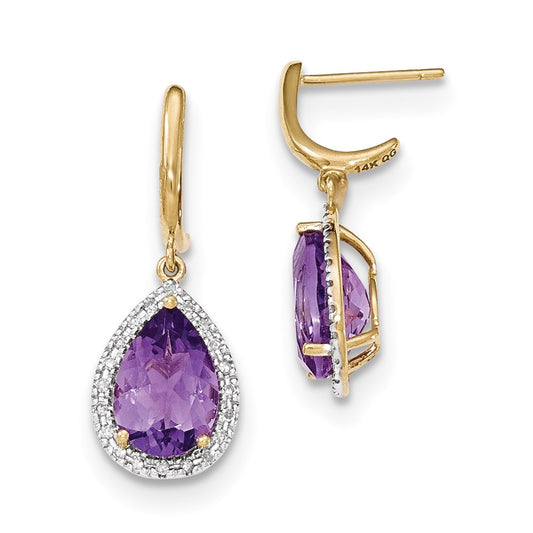 14k Yellow Gold Amethyst w/Real Diamond Halo Post Dangle Earrings