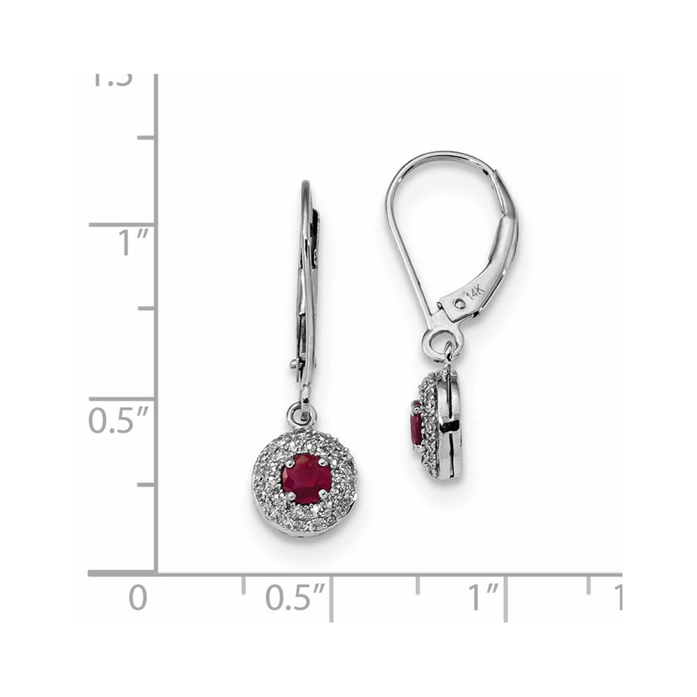 14k White Gold Real Diamond Halo Ruby Leverback Dangle Earrings