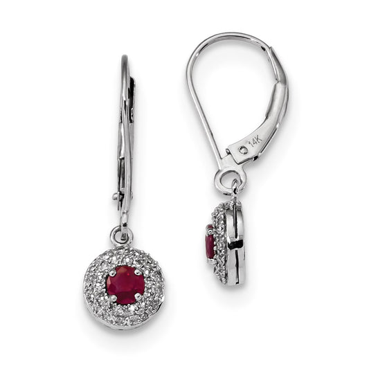 14k White Gold Real Diamond Halo Ruby Leverback Dangle Earrings