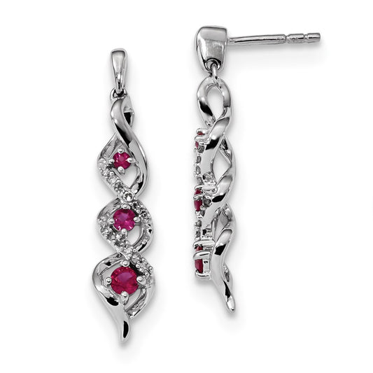 14k White Gold Real Diamond and Ruby Post Dangle Earrings