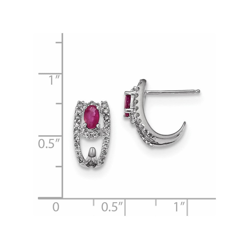 14k White Gold Real Diamond and Ruby Polished J Hoop Earrings