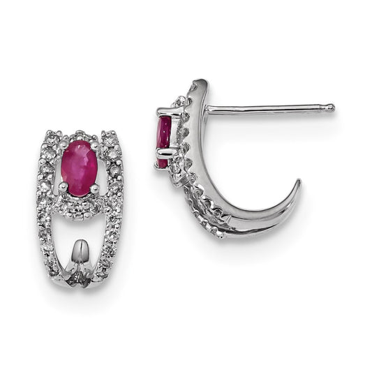 14k White Gold Real Diamond and Ruby Polished J Hoop Earrings