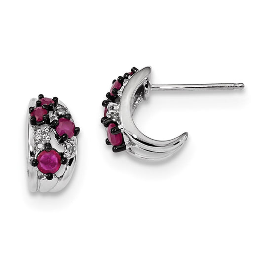 14k White Gold Real Diamond and Ruby Polished Post Hoop Earrings