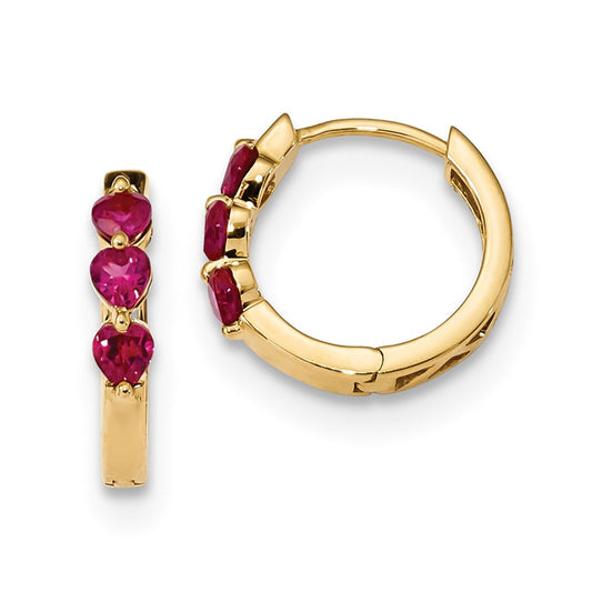 14k Yellow Gold w/ Created Ruby Polished Hoop Earrings