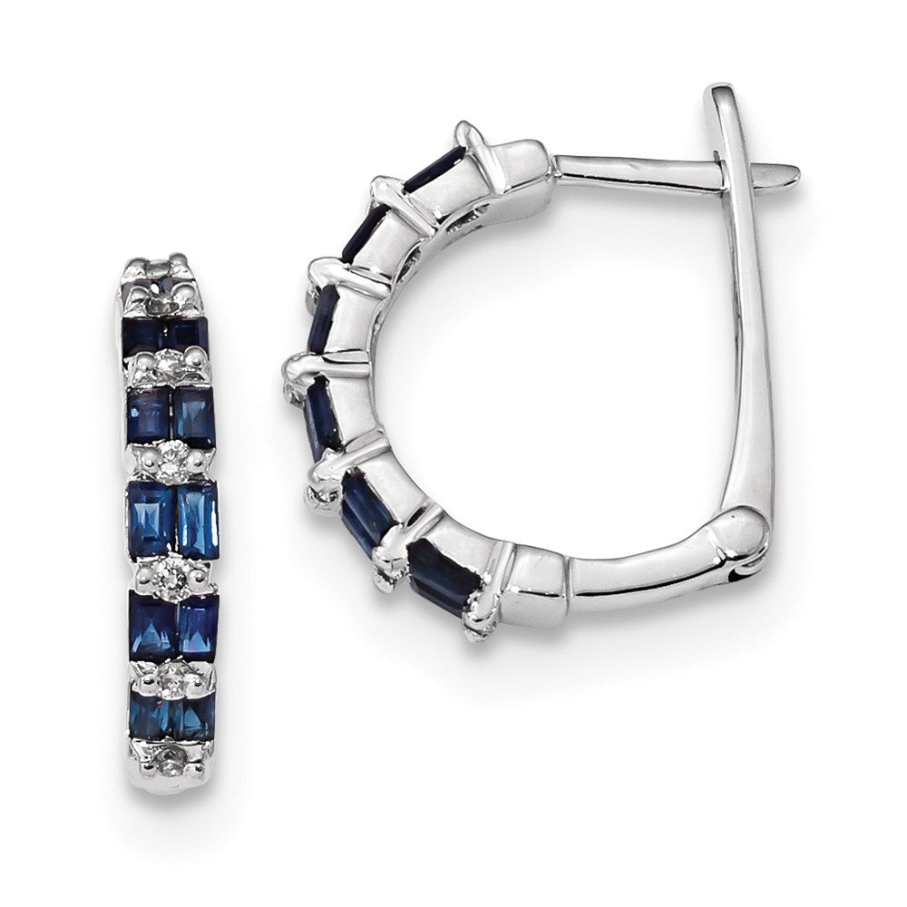 14k White Gold Real Diamond Sapphire Hinged Hoop Earrings