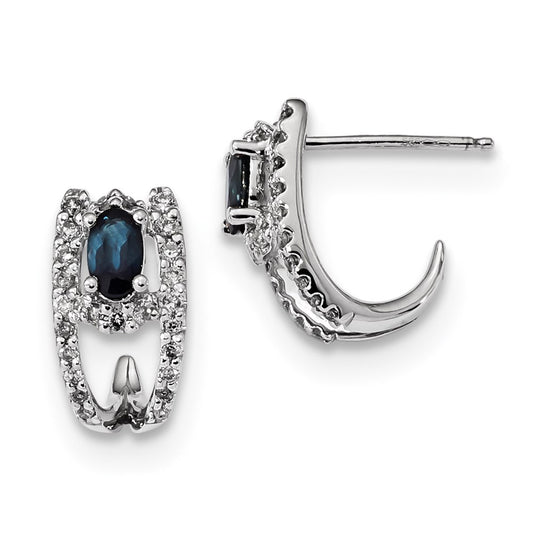 14k White Gold Real Diamond and Sapphire Polished J Hoop Earrings