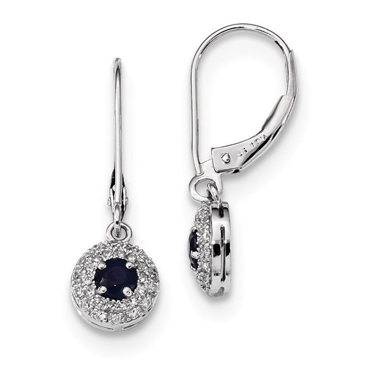 14k White Gold Real Diamond Halo Sapphire Leverback Dangle Earrings