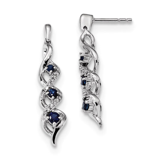 14k White Gold Real Diamond and Blue Sapphire Post Dangle Earrings