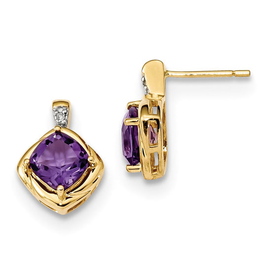 14k Yellow Gold w/ Amethyst & Real Diamond Polished Post Earrings