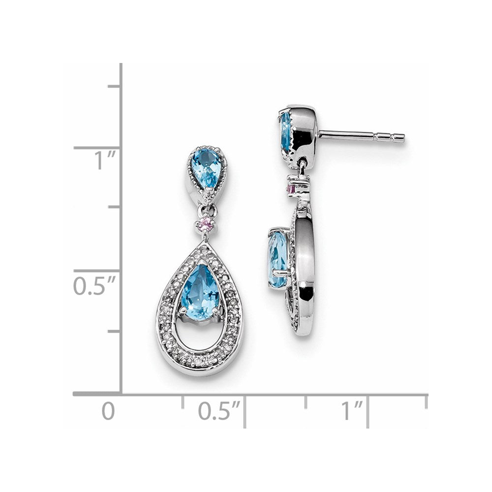 14k White Gold Diamond Blue Topaz & Pink Sapphire Post Dangle Earrings