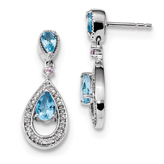 14k White Gold Diamond Blue Topaz & Pink Sapphire Post Dangle Earrings